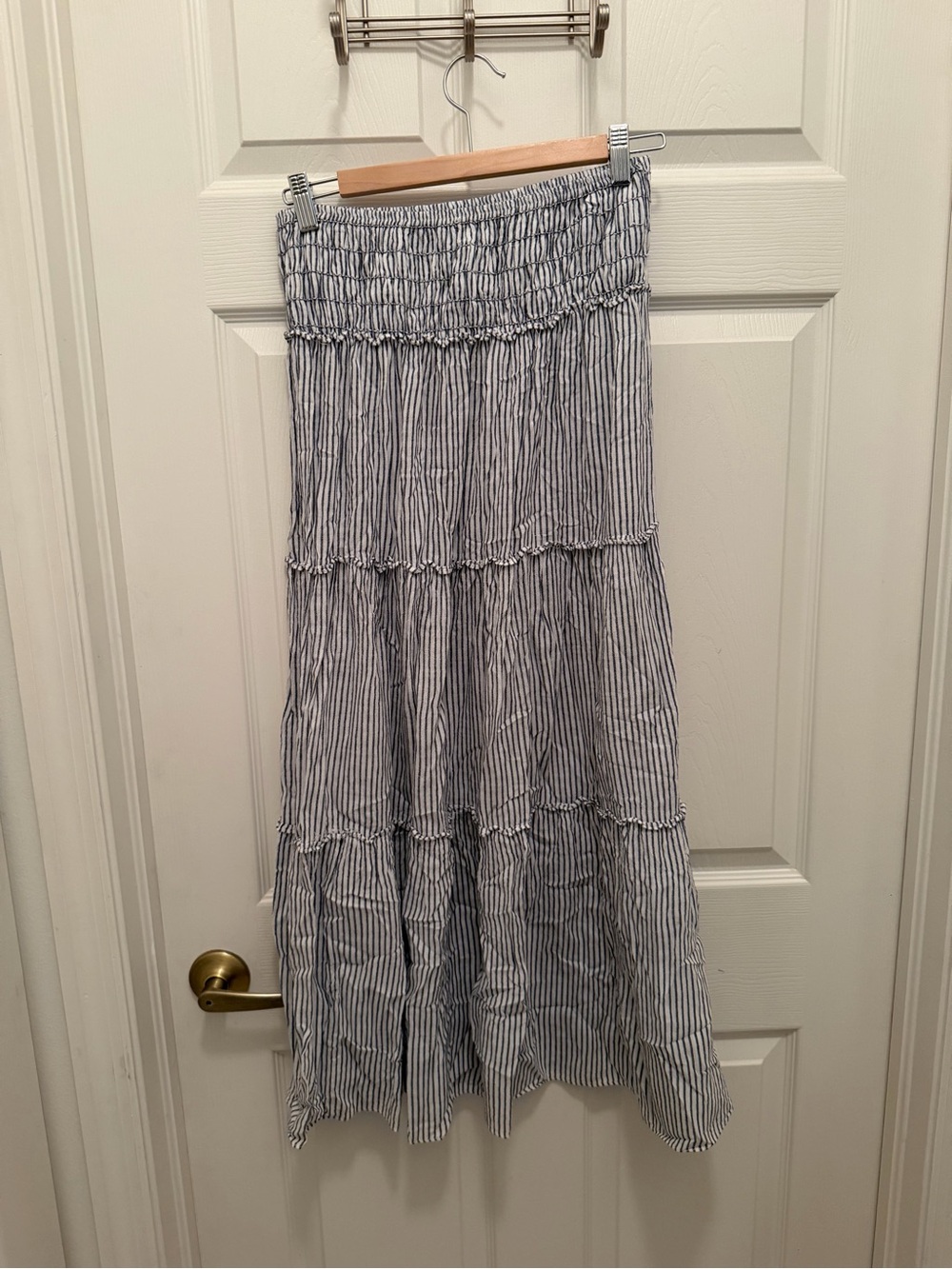 Max Studio Blue and White Striped Tiered Maxi Skirt